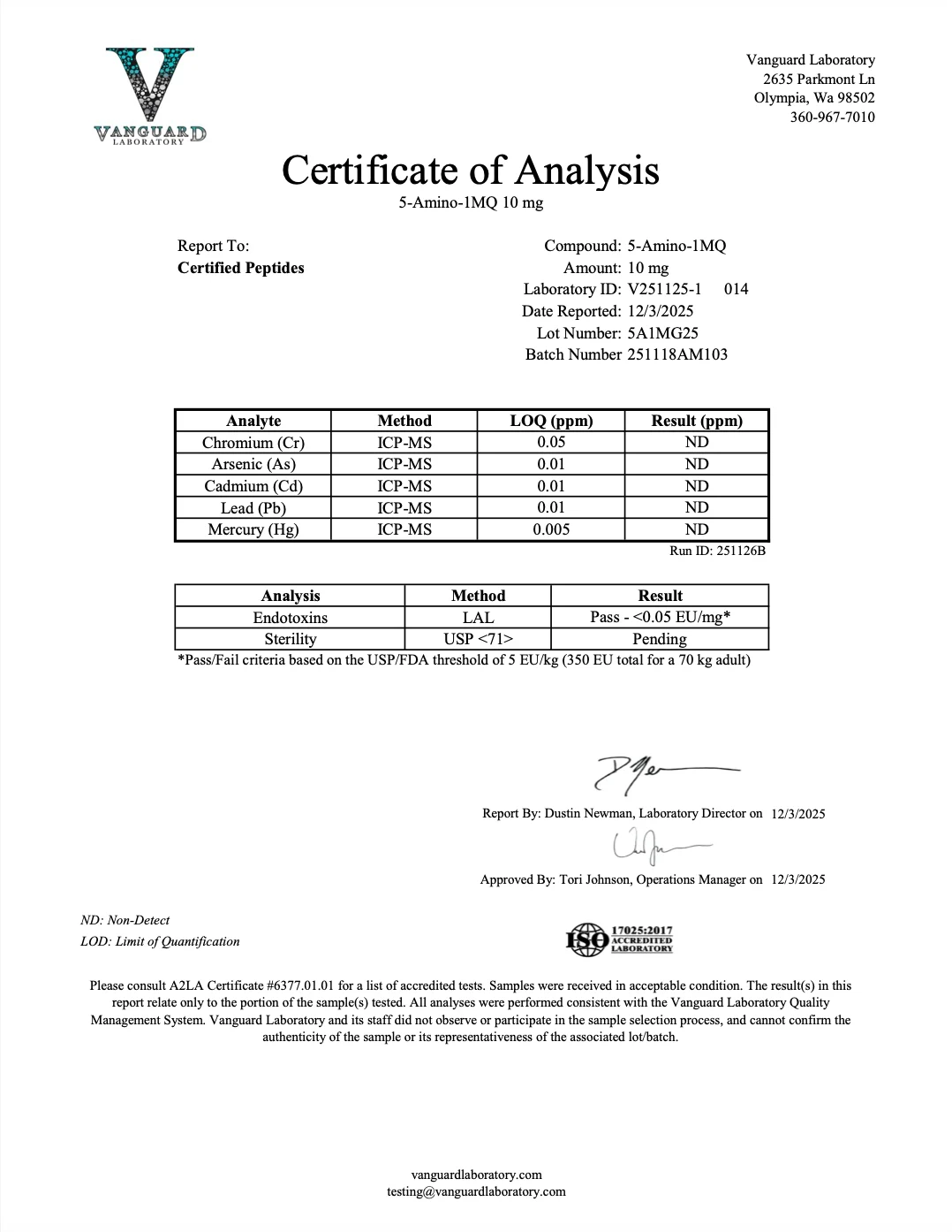 ContaminantLaboratoryReport-5-Amino-1MQ-10mg-Green-CertifiedPeptides
