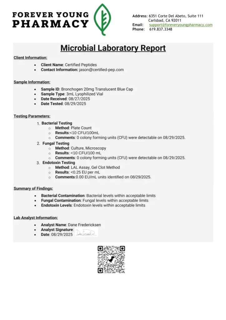 ContaminantLaboratoryReport-Bronchogen20mgTBlue-COA-CertifiedPeptides-08.29.2025