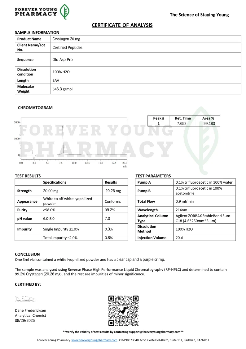 Crystagen20mgClear-COA-CertifiedPeptides-08.29.2025
